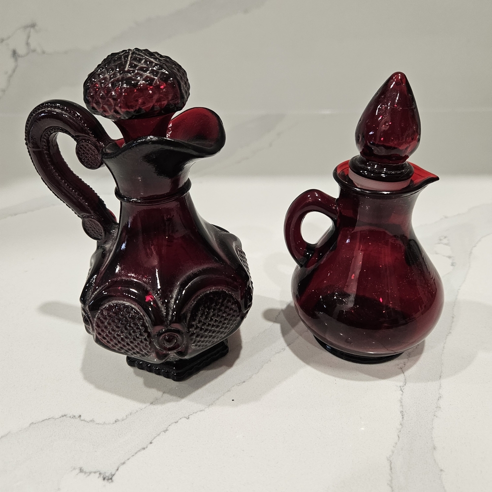 Avon 1876 Ruby Red Cape Cod Vintage Glass Cruet Bottles W/Stoppers Set of 2